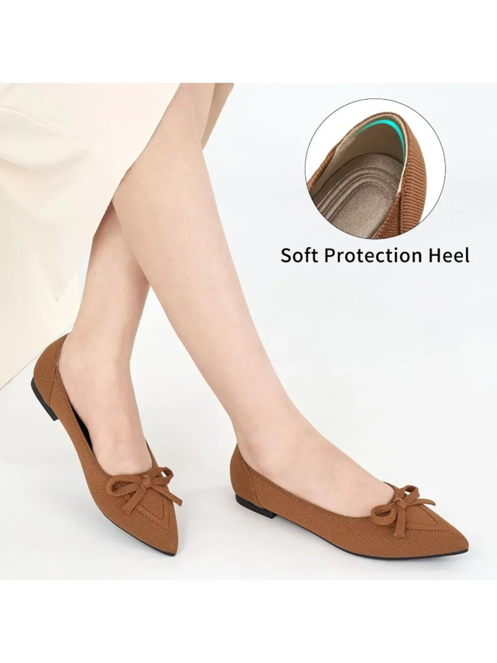 Women's Brown Ballet Flats Shoes Dressy Pointed Toe Bow Knit Flats Comfortable